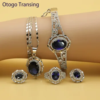 

Otogo Transing 2019 Round Blue Cubic Zirconia Silver Color Jewelry Sets For Women Earring Pendant Necklace Ring Bracelet SET202