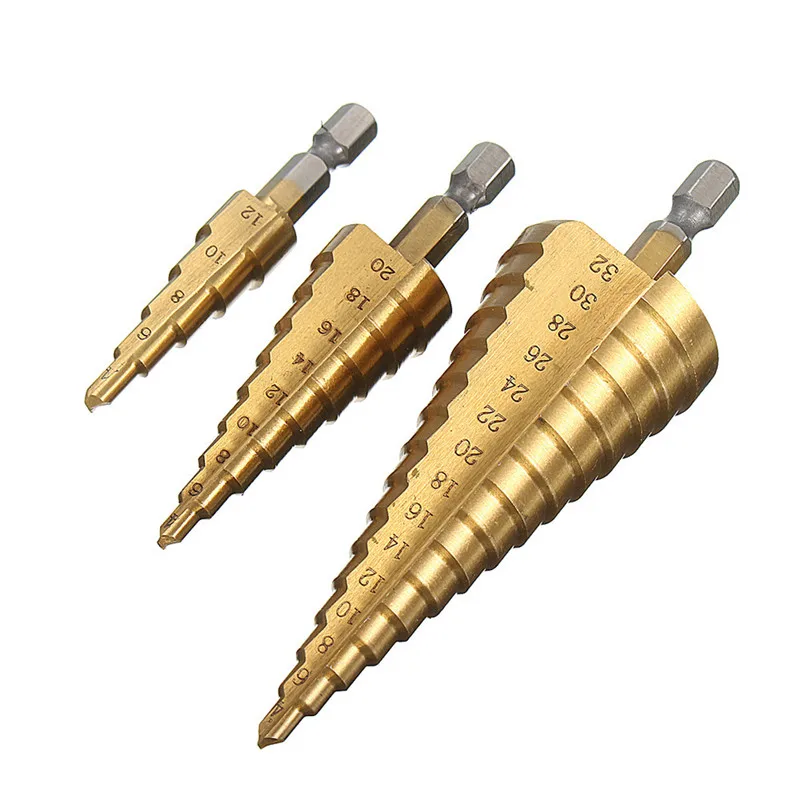 

3pcs 4-12/20/32mm HSS Titanium Step Cone Drill Bit Hex Shank Hole Cutter New