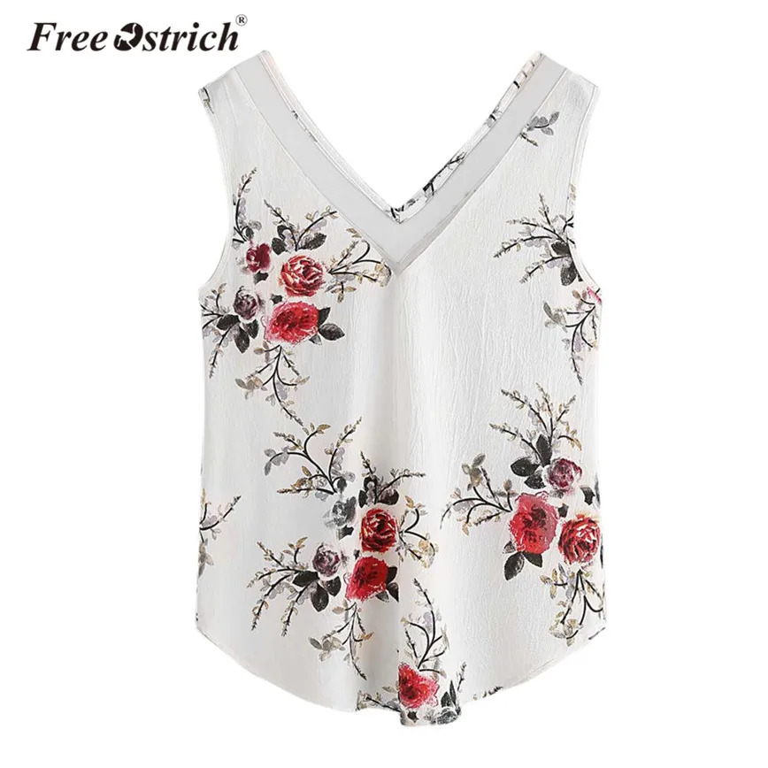 Free Ostrich Summer Chiffon Blouse Women Sleeveless Floral Print White V-Neck Women Tops Elegant Shirt Blusas Mujer De Moda D25