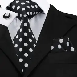 C-1190 Мода в черный горошек галстук Ханки Запонки Набор 100% шелковые галстуки для Для мужчин формальные Бизнес Свадебная вечеринка
