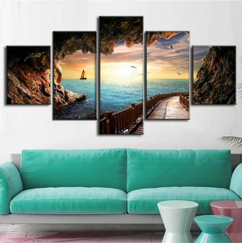 Goedkoop Zonsondergang Meeuwen Steen Sc egrave;ne Landschap Foto Moderne Schilderen op Canvas 5 Stuk Ingelijst Wall Art voor Woonkamer Slaapkamer Keuken