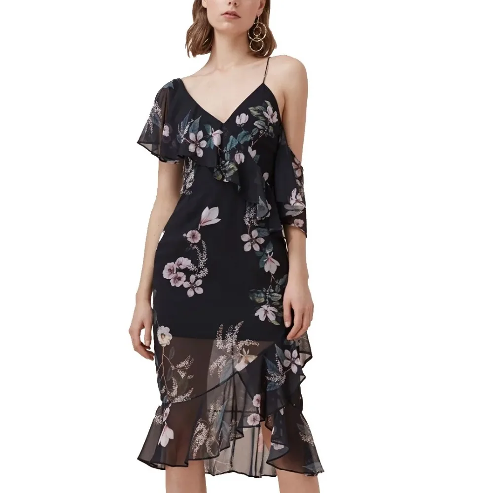 Cold shoulder ruffle print summer dress women High waist strap V neck