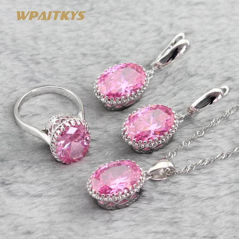 Розовый Кубический Цирконий 925 пробы серебряные Ювелирные наборы ожерелье кулон серьги браслет для женщин Свадьба подарочная коробка