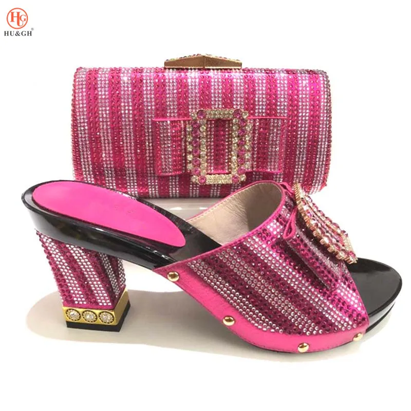 

2018 Hot Artist High Quality Pink Color Rhinestone African High Heels And Bag Set Hot Sale Elegant Pumps Shoes And Bag Set Party