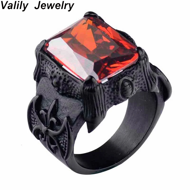 

Valily Jewelry Big Red CZ Stones Rings Black Dragon Claw Vintage Ring for Men Stainless Steel Punk Ring Prong Setting by Hand