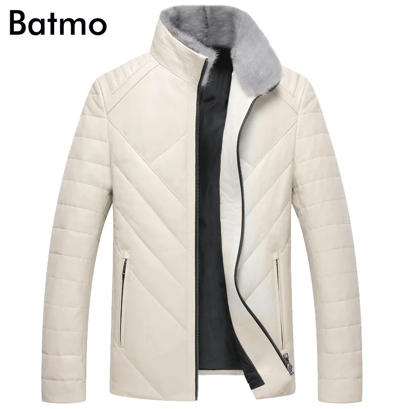 BATMO Новое поступление зимняя высококачественная мужская куртка из овчины и меха норки с воротником из белого утиного пуха, Мужское пальто из натуральной кожи, YR002