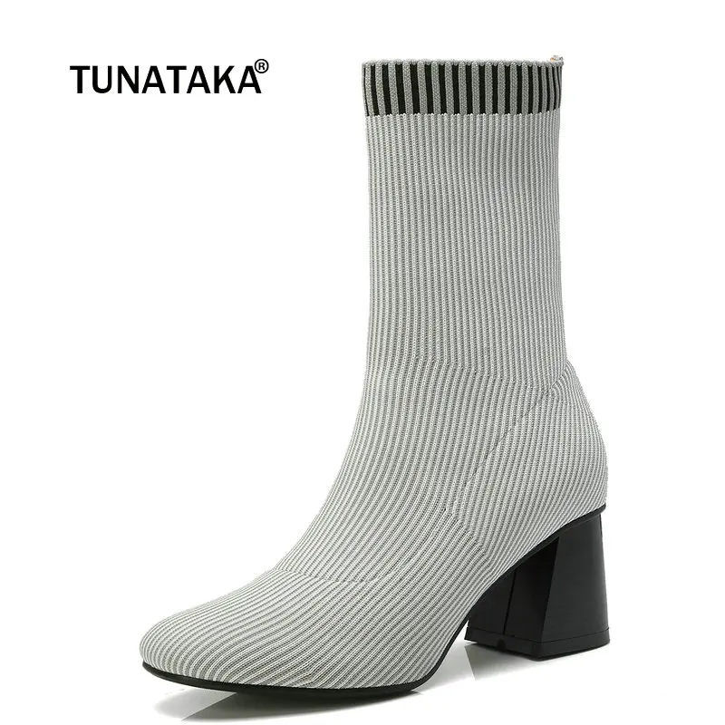 

Female Knitting Comfort Square Heel Sock Boots Fashion Round Toe Spring Autumn Ankle Bootie Black Gray