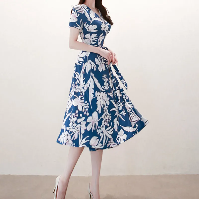 

Vestidos De Festa Women Summer Vintage Elegant Flower Print Retro Lace-up V-Neck Chiffon Long Dress Robe Femme Maxi Party Dress