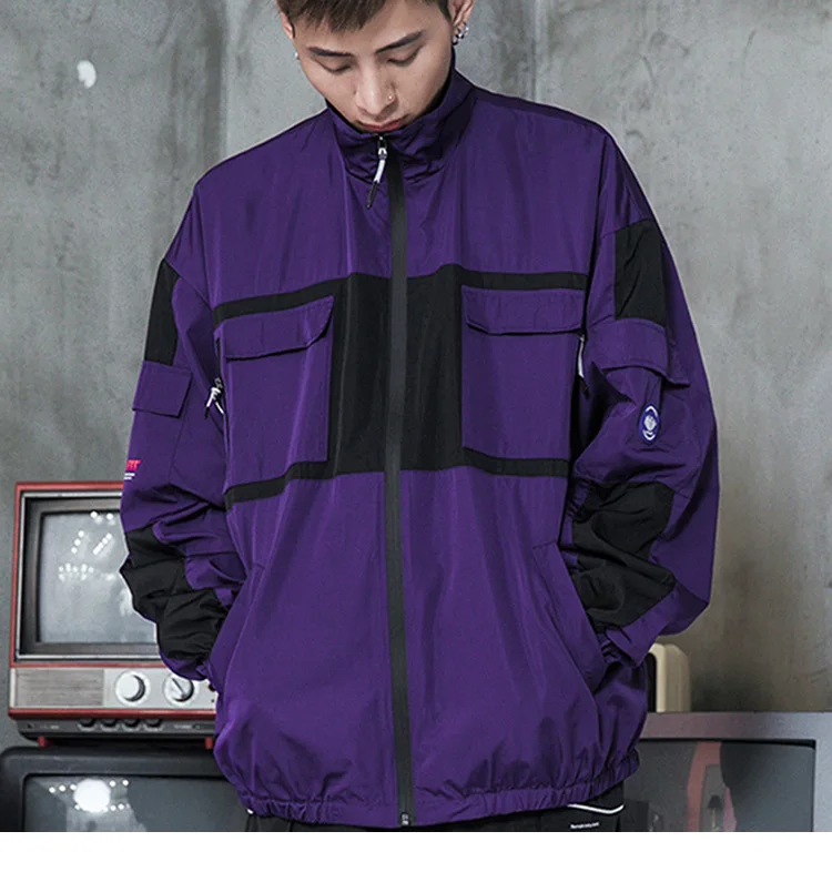 Hip Hop Men Streetwear Jacket Windbreaker Chinese Kanji Color Block Retro Track Jackets Coat Harajuku Jacket Outwear Oversized