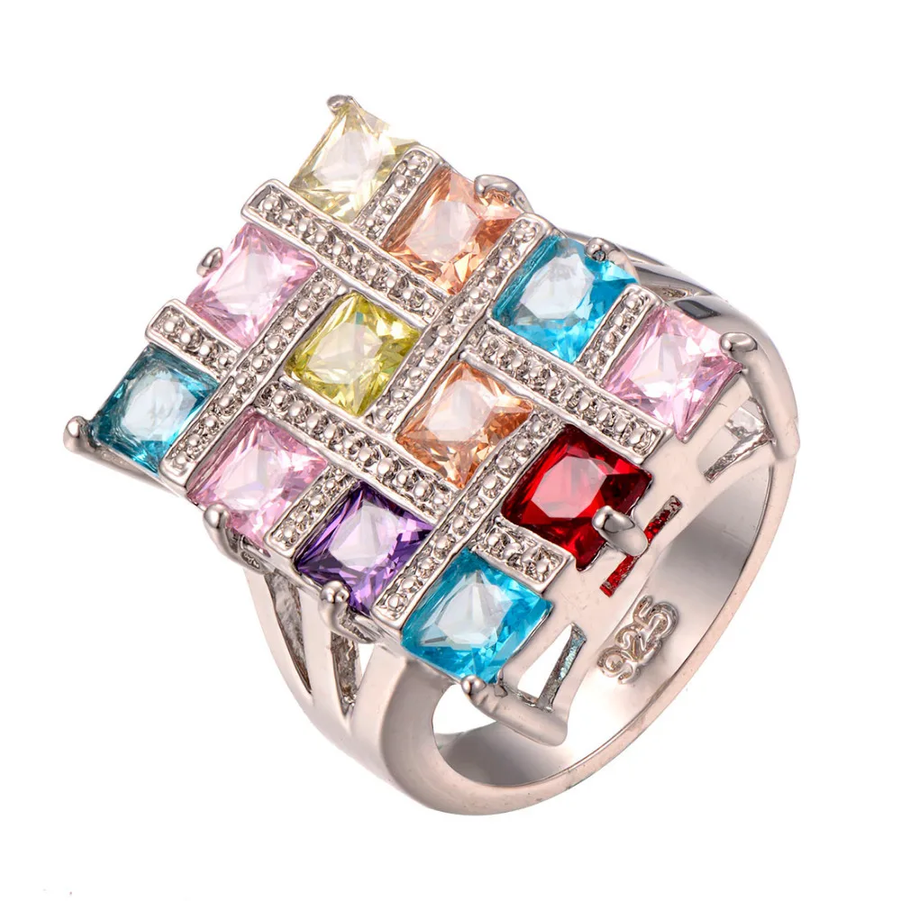 Rainbow Gemstone Ring - Morganite, Peridot, Amethyst & Garnet In Silver - Sizes 6-10