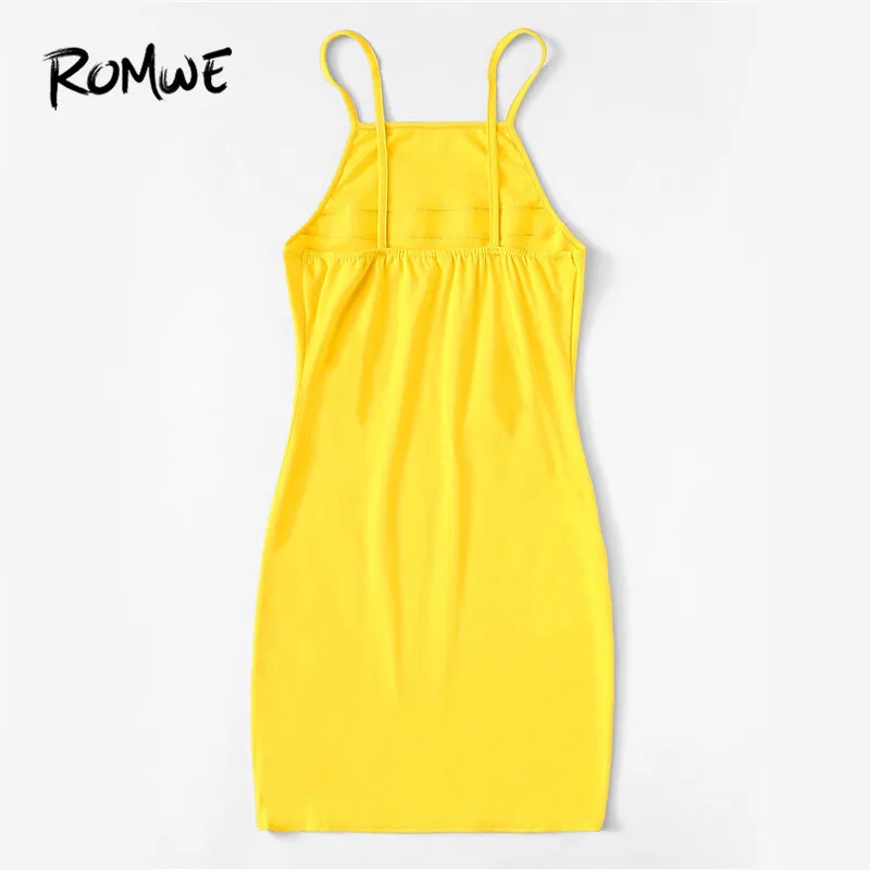 ROMWE женское желтое повседневное облегающее мини-платье на бретельках, летнее прямое Полосатое Короткое приталенное платье