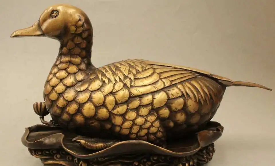 

14" Chinese FengShui Pure Bronze Duck Ducks Quacker Lotus Leaf Animal Statue