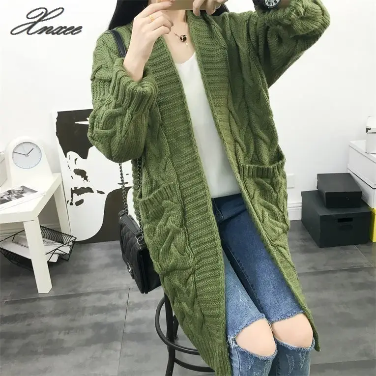 Зимний стиль утолщение средней длины вязаный свитер пальто, женская Корейская версия свободный большой код Досуг кардиган - Цвет: Зеленый