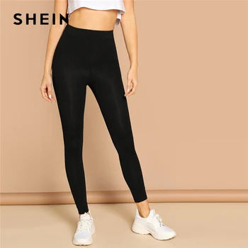 

SHEIN Elastic Waist Solid Leggings 2019 Black Red Spring Autumn Stretchy Solid Leggings Sexy Womens Clothing Workout Leggings