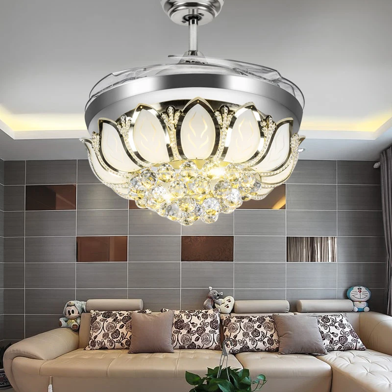 

42 inch Modern Led Retractable Ceiling Fans Crystal Lights Folding Ceiling Fan With Remote Control Decoration Dining Room Fan