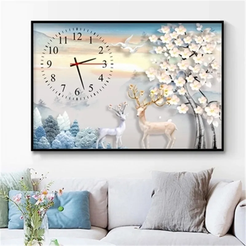DIY Wall Clock 5D Deer Diamond Painting Cross Stitch Rose Watch Full Dimaond Embroidery Flower Diamond Mosaic Rhinestones Needle