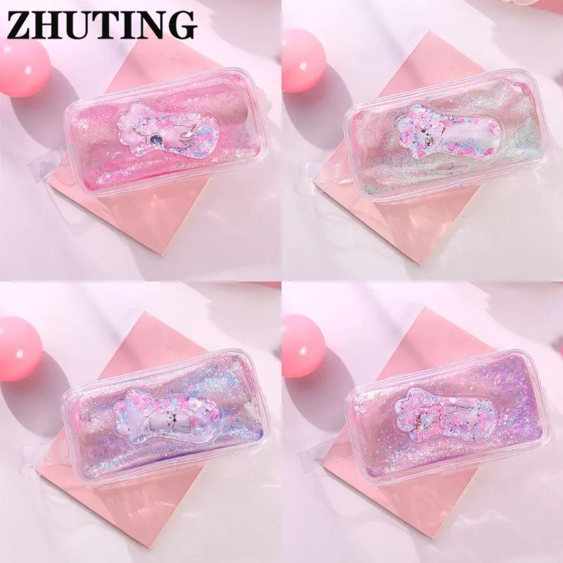 

Kawaii Cat Claw Pencil Case Quicksand Oil PVC Transparent Pencil Box Pencilcase Zipper Bag School Supplies Stationery