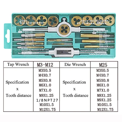 20 шт./компл. коснитесь набора пресс-форм, M3-M12 Резьбовая Метрическая кран гаечный ключ умирает DIY комплект ключ, дюймовый стандарт винтовой резьбы ручной инструмент сплава металла с сумкой в комплекте - Color: Golden Style