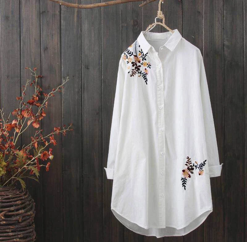  Plus Size Cotton Embroidery Women Loose Long White Shirts 2020 Spring Autumn  Casual Ladies Blouse 