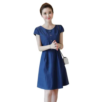 

Summer Slim Denim Dress Short-sleeved Large size Female Dress Solid color Round neck Fashion Women Exquisite Denim Dress JIA180