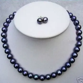 

Huge AAA 9-10mm south sea black pearl necklace 18" Gold + earrings