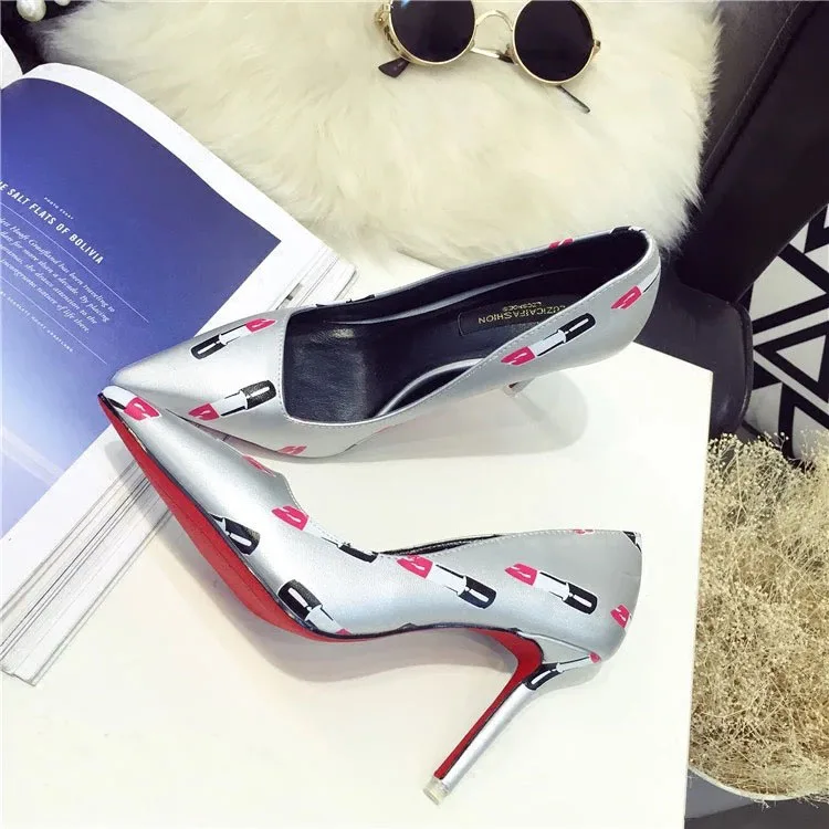 Lady Pleather Point Toe Lipstick Print Sexy Red Bottom High Heels Pumps Shoes for Woman, Wedding
