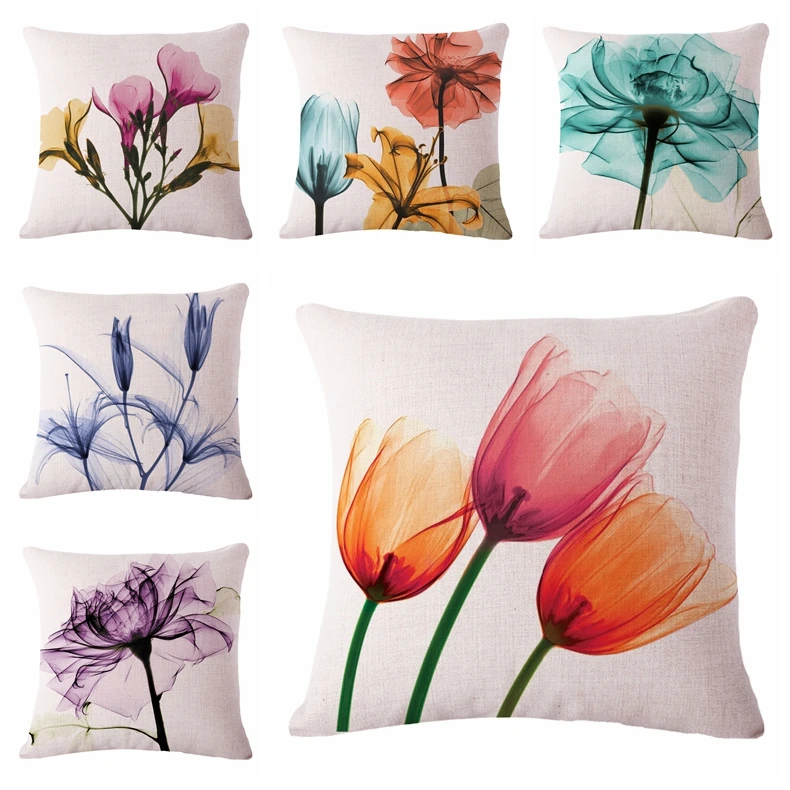 

Hand-printed Flowers Cushion Cover Woven Linen Family Affection Sofa Car Seat Family Home Decorative Throw Pillow Case