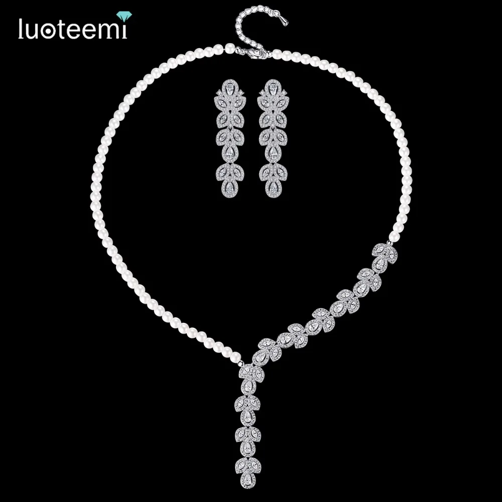 

LUOTEEMI New Delicate Jewelry Sets Micro Paved Tiny CZ with Imitation Pearls Earrings Necklace Choker for Women Wedding Bijoux