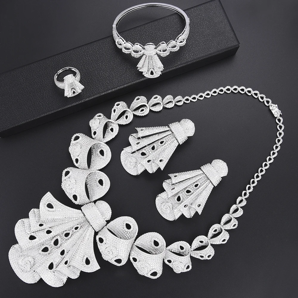 

4PCS Set African Wedding Jewelry Cubic Zirconia Bridal Jewelry Sets Big Necklace Earrings Bangle Ring Set For Women Engagement