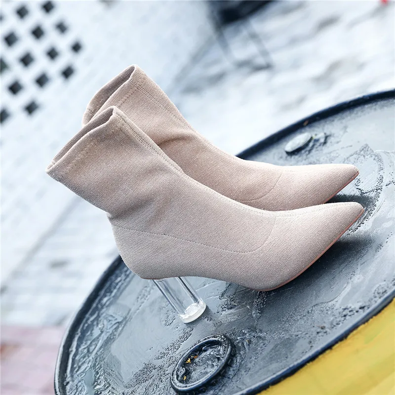 

Kjstyrka 2019 Women Shoes Mid Calf Boots Fashion Stretch Fabric Transparent High Heel Pointed Toe Sock Boots Winter Women Boots