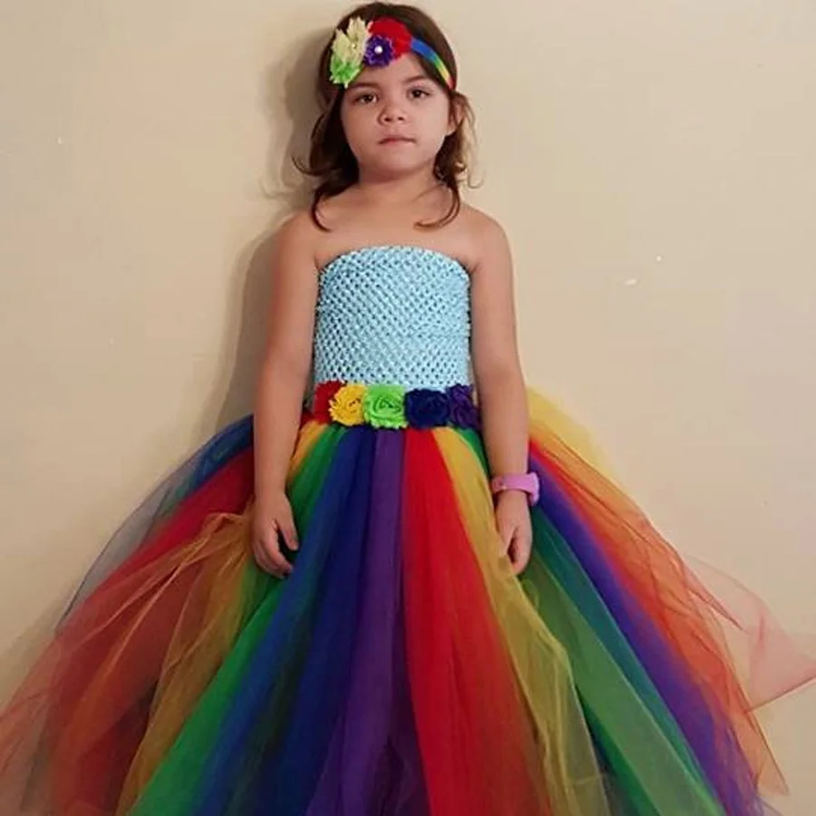 Shabby Flowers Girls Rainbow Tutu Dress Full Length Princess Tulle Dress Kids Birthday Party Ball Gowns Purim Xmas (10)