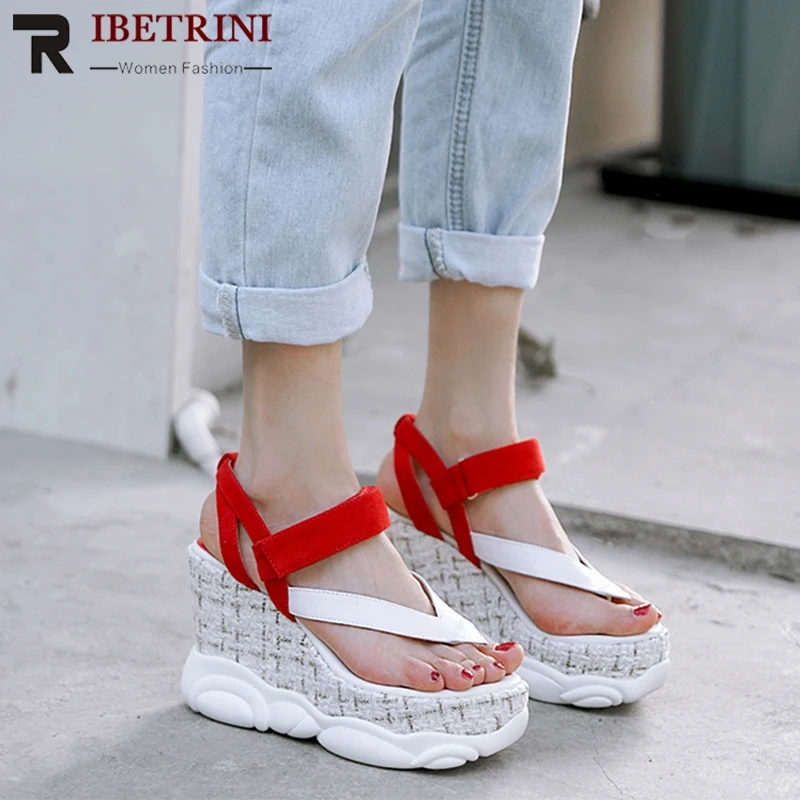 

RIBETRINI 2020 Genuine Leather Summer Sandals Leisure Shoes Woman Wedge High Heels Flat Platform Hot Sandals Woman Shoes