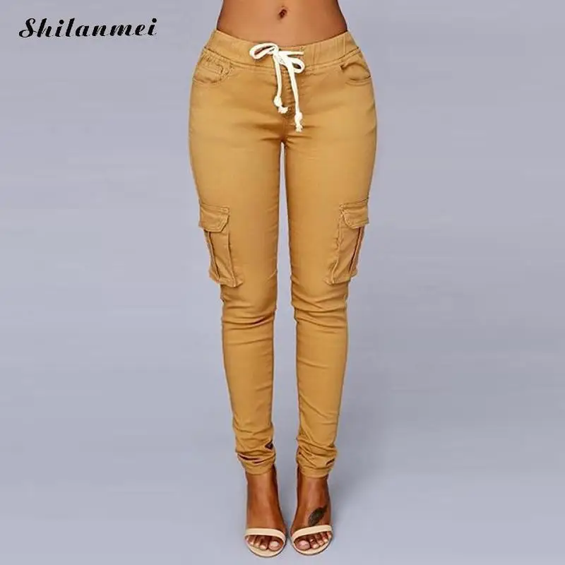 

2019 Autumn Ladies Cargo Pants Lace Up Women Casual Pencil Pants Female High Waist Pant Multi-Pocket Joggers Sweatpants 4XL