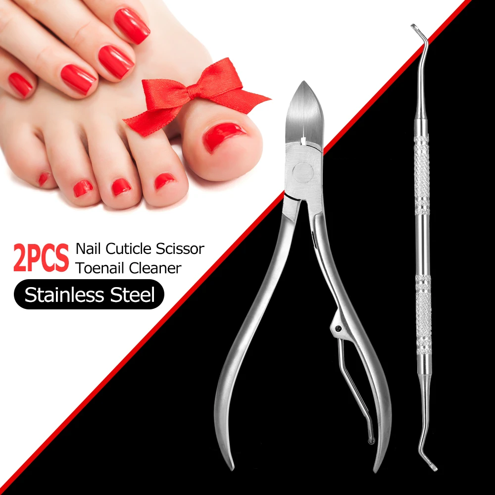 

2pcs Stainless Steel Nail Cuticle Scissor + Ingrowing Toenail Cleaner Nail Clippers Nail Nipper Manicure Pedicure Tool