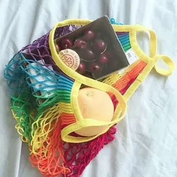 

Rainbow Large Mesh Net Shopping Bag Reusable String Fruit Storage Handbag Totes Women Shopping Mesh Net Woven Bag Durable