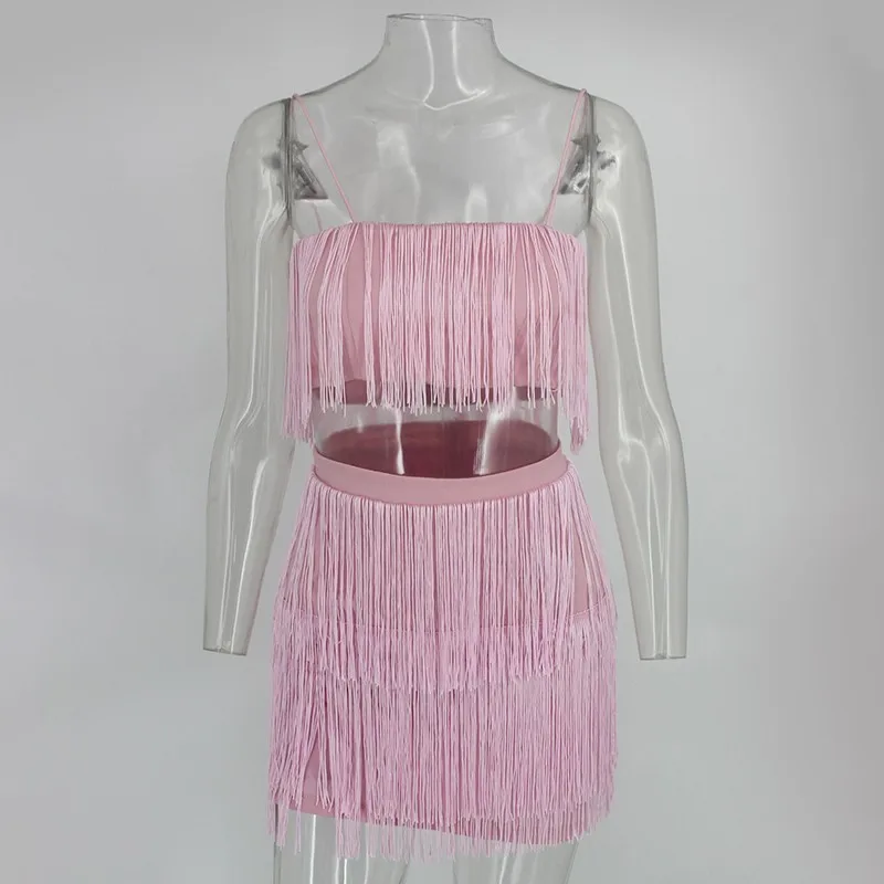 Ohvera/женский комплект 2 шт. с кисточками на тонких бретельках, укороченный топ и мини-юбка с высокой талией, сексуальный комплект из двух предметов, летняя одежда - Цвет: Розовый