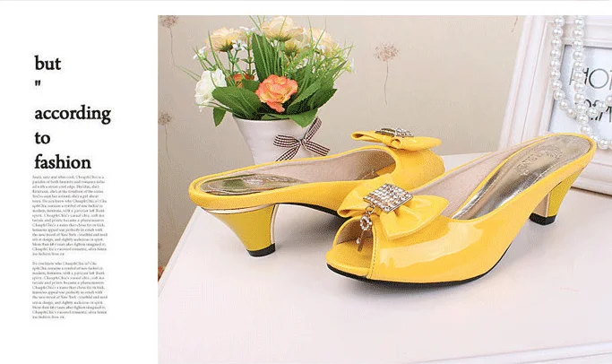 Ladies spike Heel Slides Peep Toe Patent Leather Shoes Crystal Bow Slipper Med Heel Outdoor Footwear Sweet For Summer Black Blue