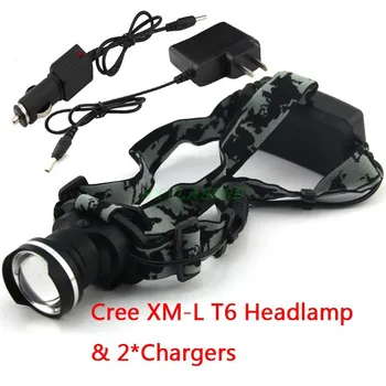 

NEW Design Headlight XML XM-L T6 LED 2000 Lumens 3 Mode Waterproof Zoom Focus Front Light LED Headlamp & 2*Chargers