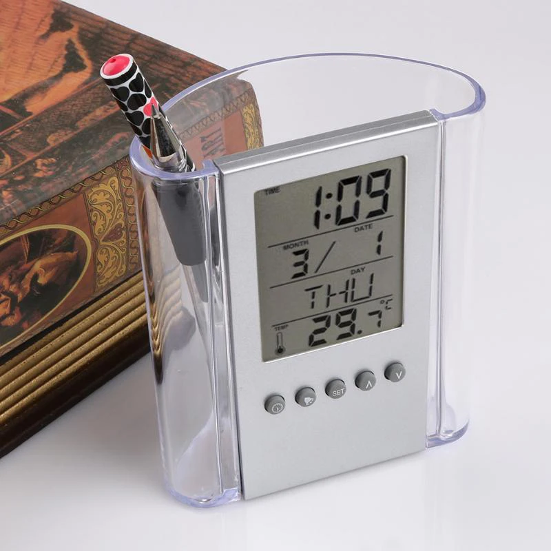 Transparent Electronic Pen Holder Container Lcd Digital Alarm Clock Desk Pencil Holder Organizer Thermometer Calendar For Fami