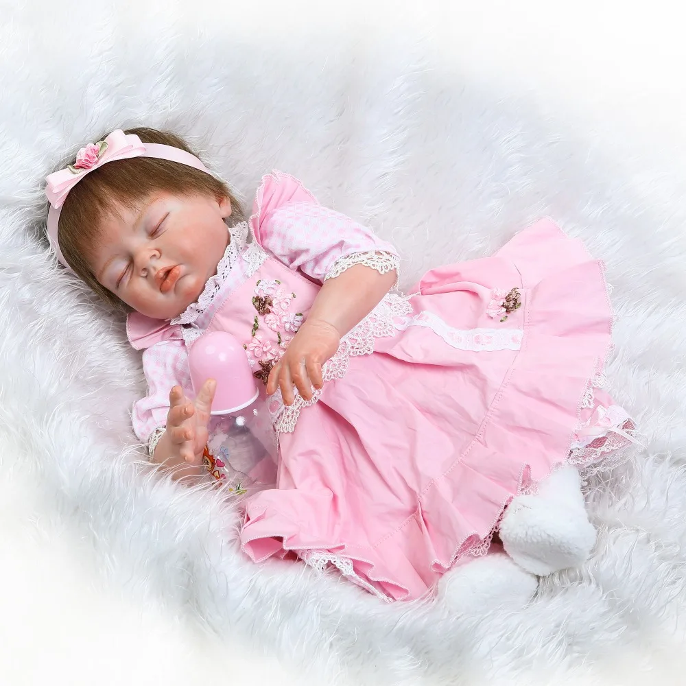 

Silicone reborn baby dolls 22"55cm newborn girl fake baby dolls pink dress real alive bebes bonecas kids gift
