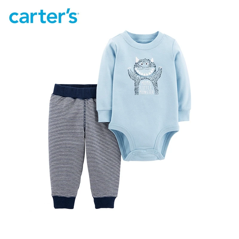 

2pcs cotton Long sleeves monster slogan bodysuit striped pants set Carter's baby boy spring autumn clothing 121I914