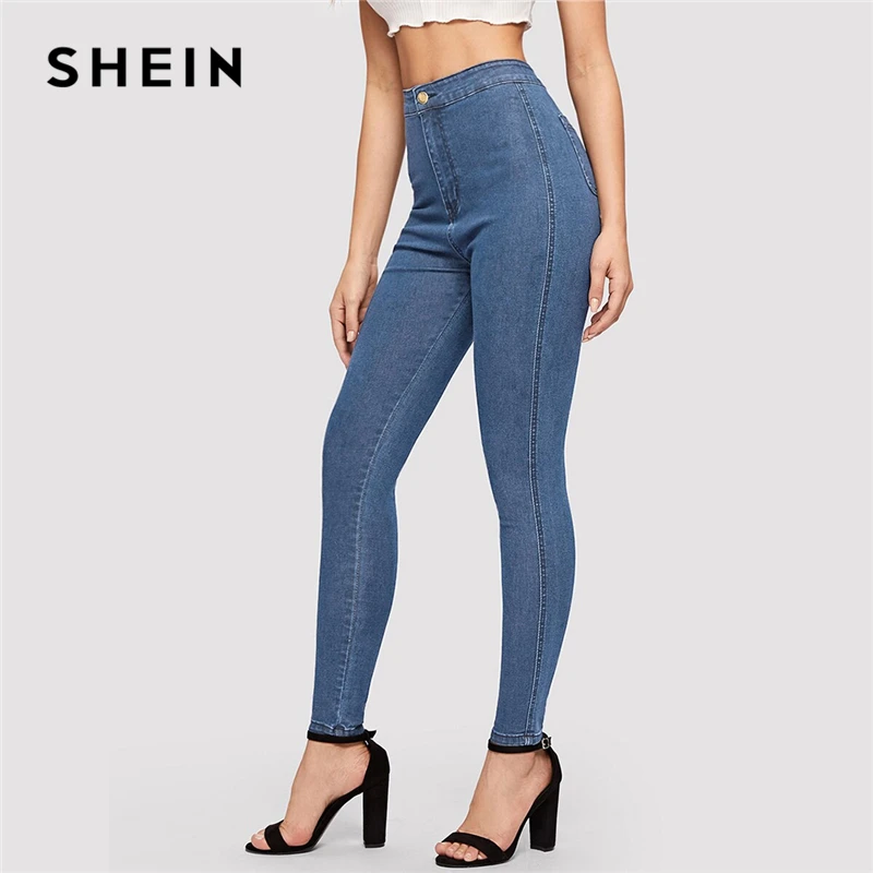 Однотонные обтягивающие джинсы SHEIN весна осень 2019 узкие эластичные синие темно