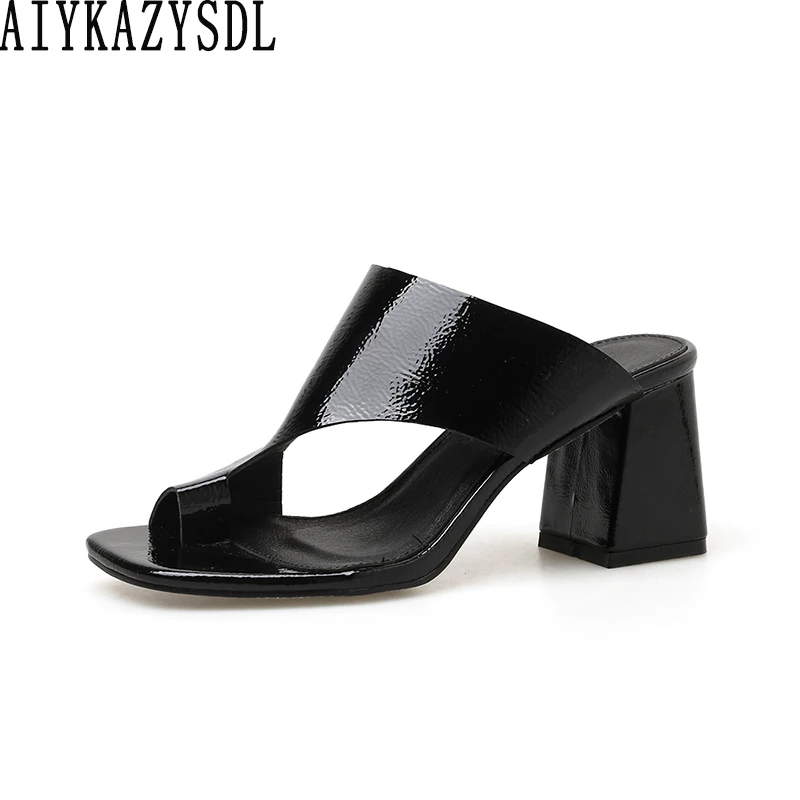 

AIYKAZYSDL Women Concise Sandals Square Open Toe Ring Toe Sandals Thick Chunky Block High Heels Mules Slides Casual Shoes 35-40