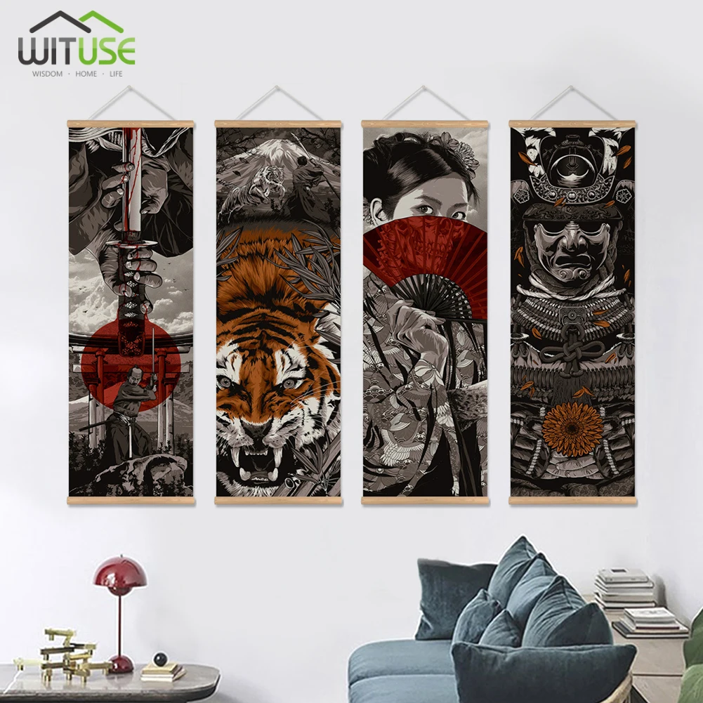 

Japan Samurai Poster and Prints Scroll Hanging Painting Canvas Wall Art Picture With Wooden Hanger Living Room Office Decoration