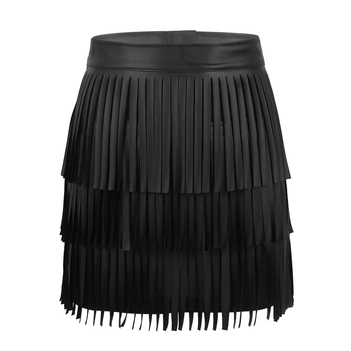 Женские Облегающие юбки-карандаш в стиле хиппи из искусственной кожи, многослойная юбка миди с бахромой, Готическая уличная одежда, вечерние Клубные мини-юбки - Цвет: Black