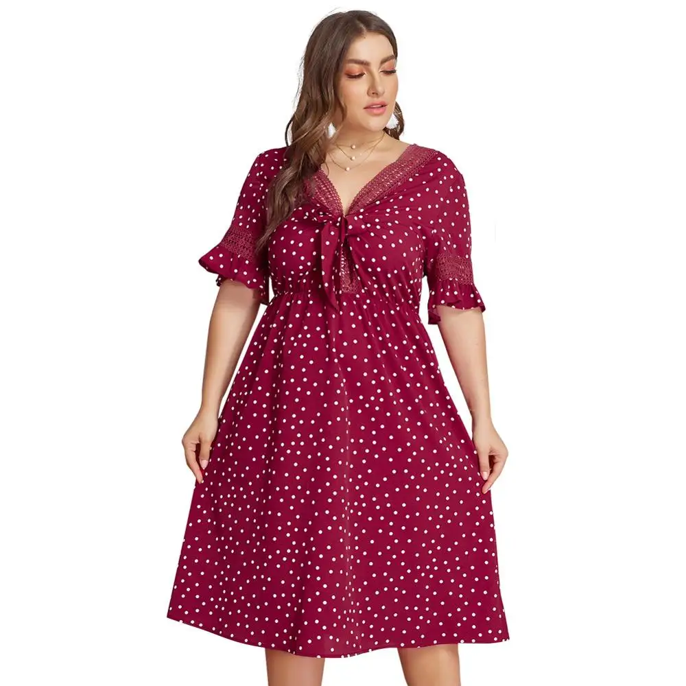 

Red Dot Dress Women Plus Size 3XL 4XL Bow Lace Patchwork Deep V-Neck Short Flare Sleeve A-Line High Waist Summer Dress Ladies