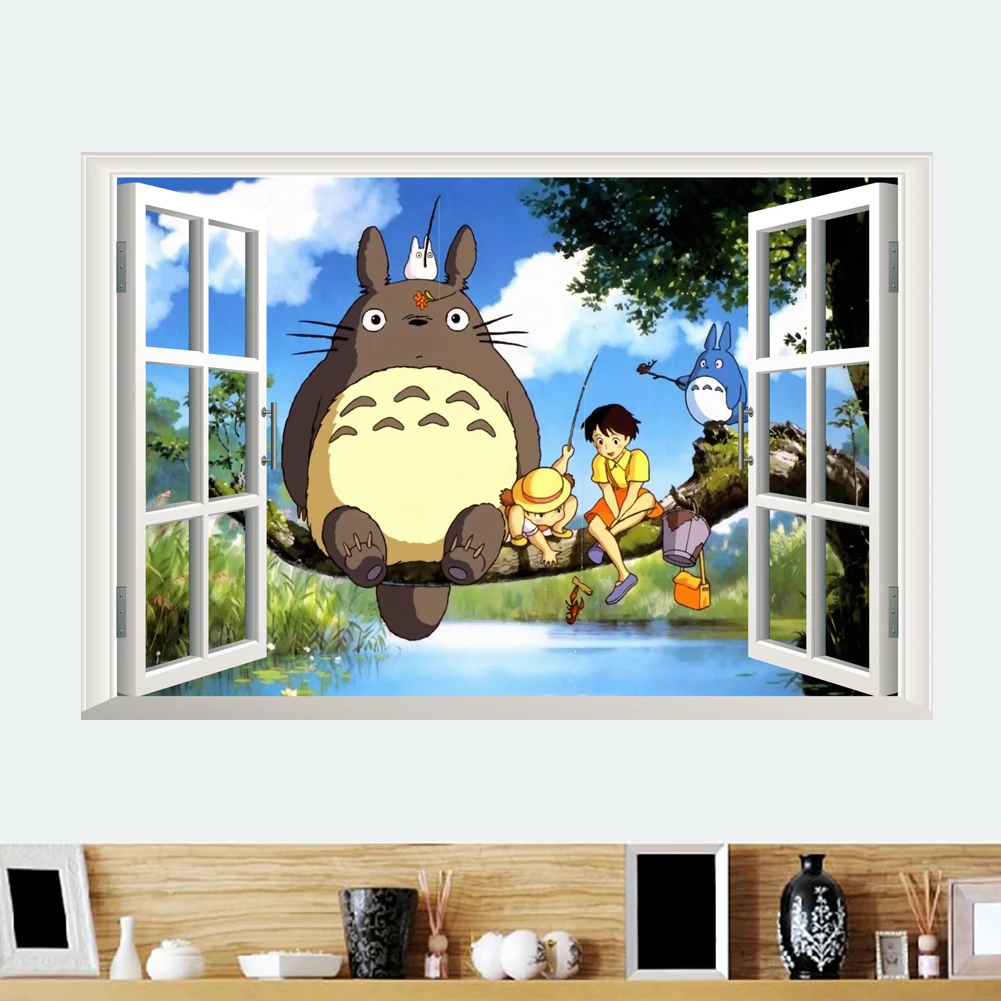 3d эффект рыбалки Тоторо окна наклейки на стену спальня домашний декор мультфильм наклейки на стены ПВХ Фреска Искусство diy Плакат Украшение