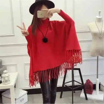 

2019 Autumn Winter Women Tassel Turtleneck Loose Knit Poncho Female Soft Warm Batwing Sleeve Shawl Lady Pullover Sweater K154