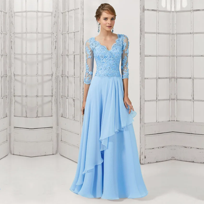 2016 Long Sleeve Evening Dresses Party Women Elegant Blue Lace Chiffon Evening Gowns Formal Evening Gowns robe de soiree