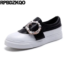Muffin женщин плоские кристалл Толстая подошва жемчужный черное и белое горный хрусталь весна осень криперы воловья кожа Фарфор для обуви европейская отправка капель красивая последние Мода весенняя